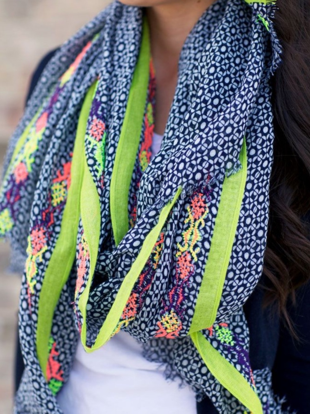 J. Crew Navy Printed Scarf with Neon Green Trim and Coral Embroidery